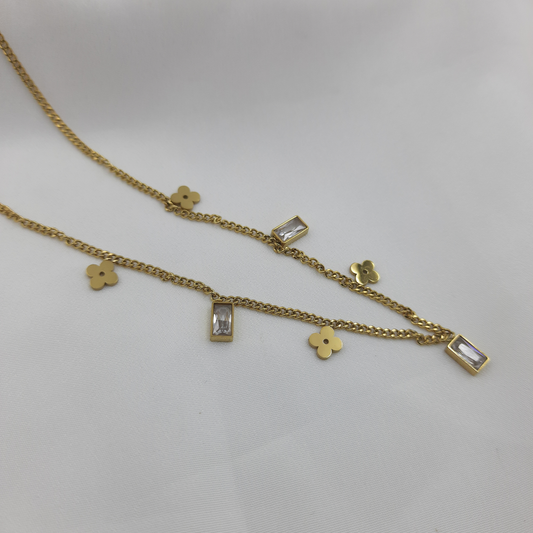 GOLD PLATED FLORAL & CRUSTAL CHARM NECKLACE