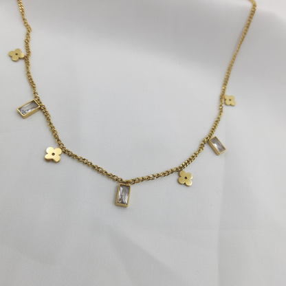 GOLD PLATED FLORAL & CRUSTAL CHARM NECKLACE