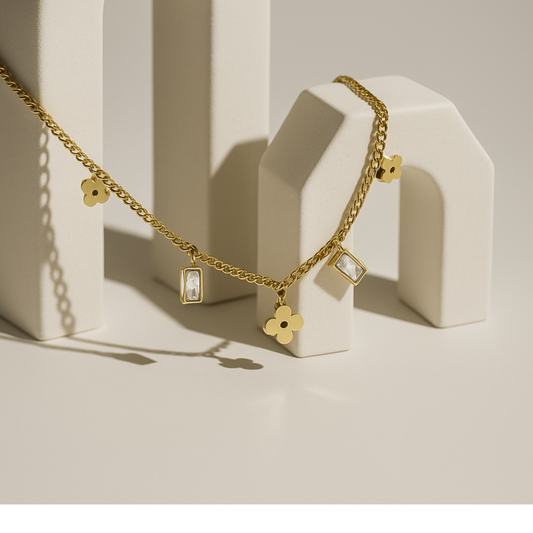 GOLD PLATED FLORAL & CRUSTAL CHARM NECKLACE