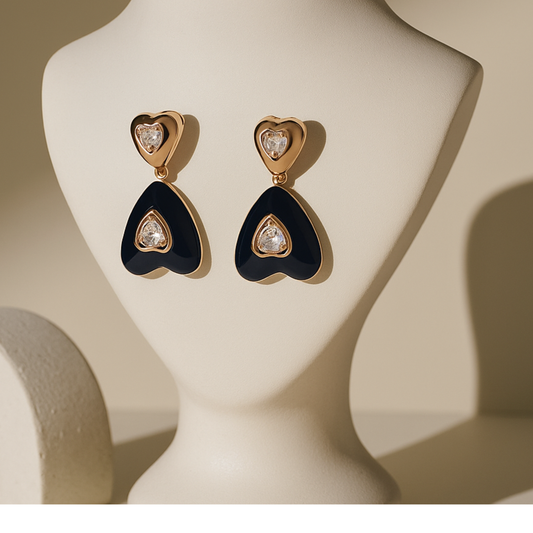 BLACK ENAMEL HEART DROP EARRING