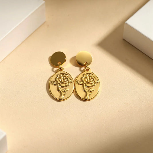 OVAL ROSE COIN DROP EARRING